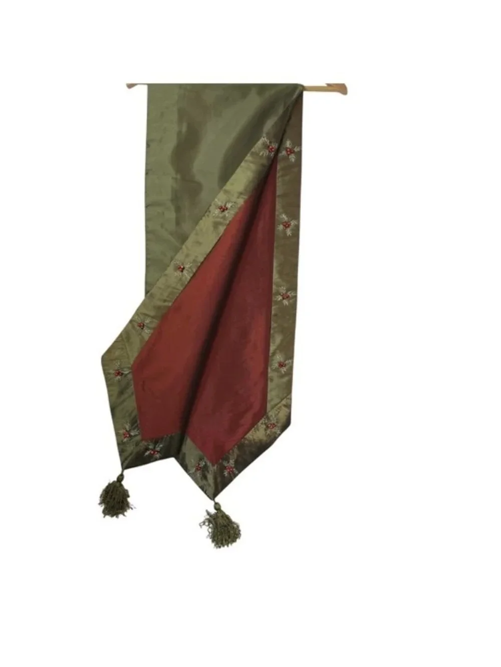 Christmas Table Runner Burgundy Olive Green Embroidered Holly Beaded Tassel 72in